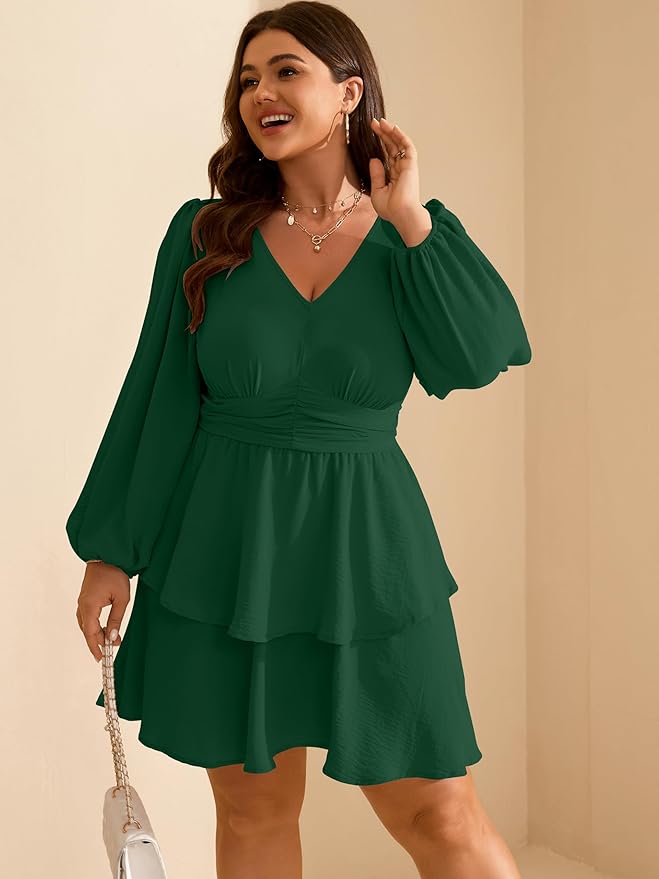 RWJ Plus Size Dresses for Curvy Women V Neck Long Sleeve Elastic Waist Fall Wedding Guest Layer Casual Mini Dress