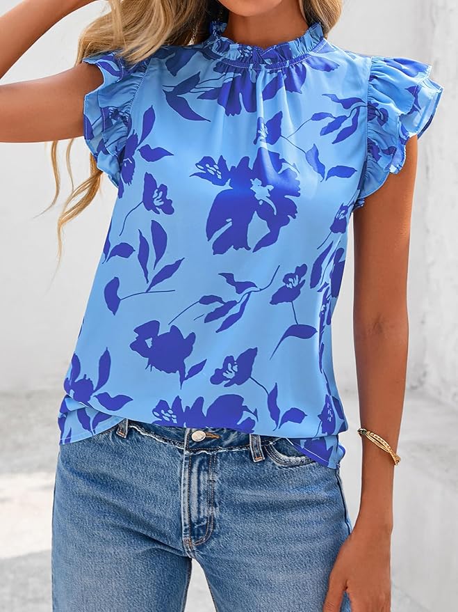 PRETTYGARDEN Women's Ruffle Short Sleeve Summer Tops 2026 Trendy Floral Trim Neck Casual Dressy Chiffon Boho Blouses Shirts