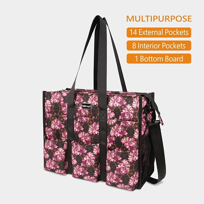 TOPDesign Utility Water Resistant Tote Bag with 22 Pockets, Top Zipper Closure & Thick Bottom Support, for Working Women