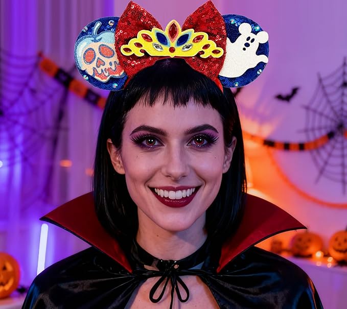 WW-WONDERFULWORLD Mouse Ears Headband with Royal Crown, Poison Apple and Ghost Accent, Red and Blue Sequin Halloween Park Costume Accessory, for Snow Fairy Princess Dress, Funny Cosplay Party;