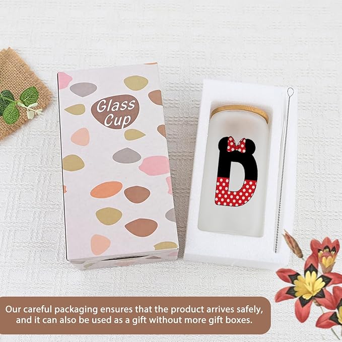Cute Cartoon Mouse Lover Gifts Initial A-Z Personalized Iced Coffee Cup Magic Mouse Stuff Wizard Gift 16oz Glass Cup with Lid and Straws Birthday Christmas Gifts for Women Teen Girls (Letter D)