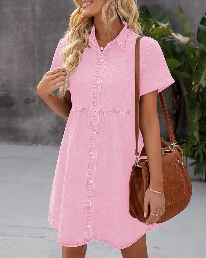 LookbookStore Women's Short Sleeve Button Down Flowy Tiered Babydoll Denim Dress