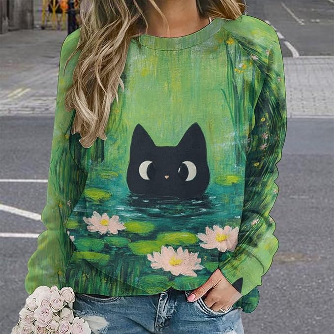 Spatofa Womens novelty funny cat printed crewneck sweatshirt casual loose long sleeve graphic pullover sweatshirts tops