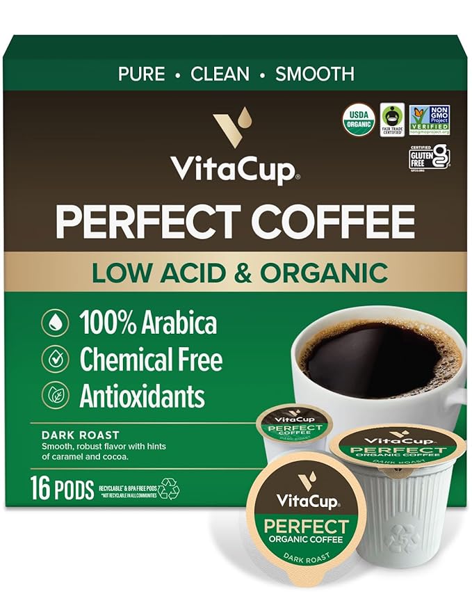 VitaCup Perfect Low Acid Coffee Pods, USDA Organic & Fair Trade, Mycotoxin Free, Dark Roast Guatemala Single Origin, Clean & Pure Recyclable Single Serve Pod compatible w/Keurig K-Cup Brewers,16 CT