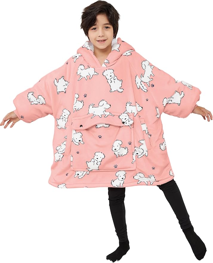 KFUBUO Wearable Blanket Hoodie for Kids Sherpa Dog Patterns Oversized Sweatshirt Blanket with Pocket 6-10 Year Old Girl Boy Birthday Gifts