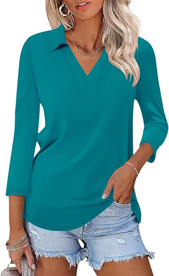 LOMON 3/4 Length Sleeve Womens Tops 2026 Spring Summer Collared Polo Shirts V Neck Casual Basic Polos Tees Shirt