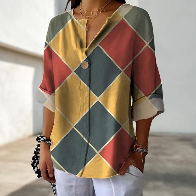 Long Sleeve Shirts for Women V Neck Button Boho Graphic Blouses Casual Collared Fashion Summer Flowing Tops