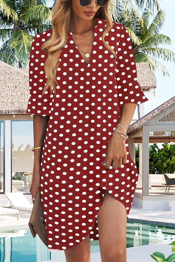 Wkior Shift Dress for Women V Neck Short Sleeves Solid Color Casual Flowy Summer Dresses(S-2XL)