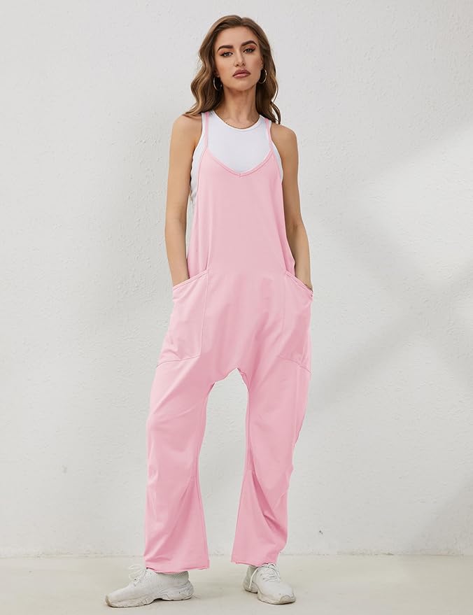 Lentta Women's Causal Jumpsuits V Neck Sleeveless Harem Overalls Stretchy Adjustable Strap Romper with Pockets