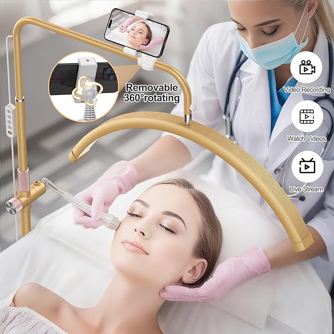 Half Moon Lash Light - Adjustable LED Floor Lash Lamp with 4X Magnifier & Phone Holder for Eyelash Extensions,Nail Art,Tattoo,Skincare,Salon SPA-Dimmable Brightness,Rotating Head, Gold