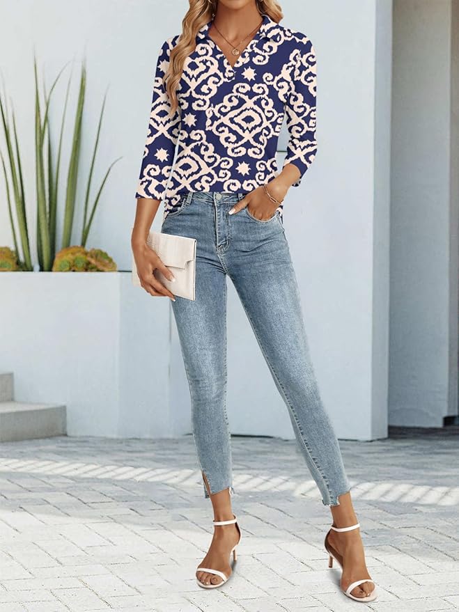 3/4 Length Sleeve Womens Tops Dressy Casual V Neck Polo Shirts Business Work Blouses 2025 Trendy Tunic Top