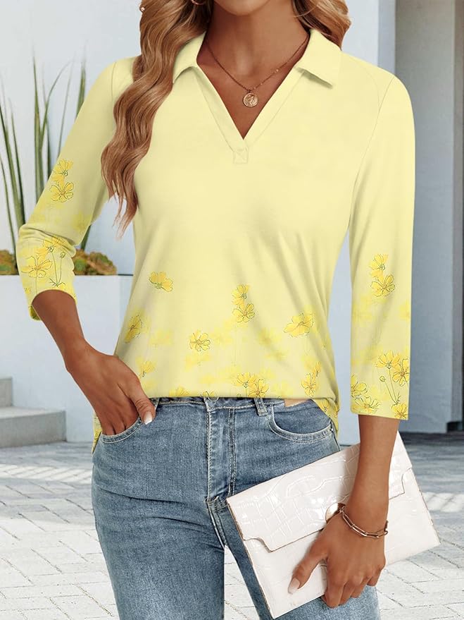 3/4 Length Sleeve Womens Tops Dressy Casual V Neck Polo Shirts Business Work Blouses 2025 Trendy Tunic Top