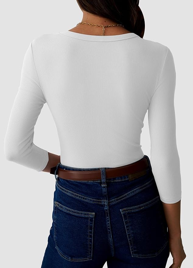 Womens 3/4 Sleeve Scoop Neck Top Ribbed Knit Slim Fitted Casual Basic Tee Shirts 2025 Fall Trendy Work T-Shirt Outfits