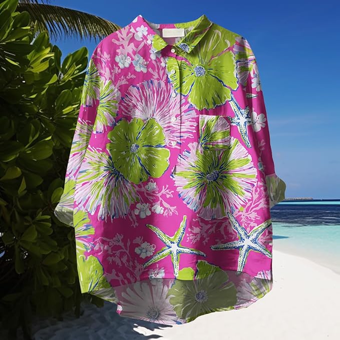 Womens Boho Tops 3/4 Long Sleeve Floral Blouses Hawaii Beach Button Down Shirts V Neck Pullover Casual Tunics