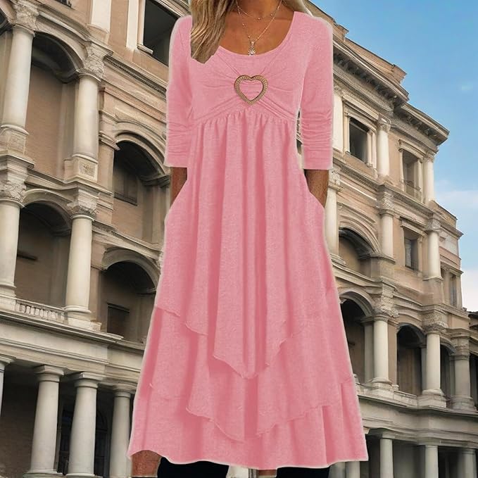 Winter Dresses for Women Wedding Guests Casual Cute Heart Long Sleeve Tiered Maxi Dress with Pockets Plus Size