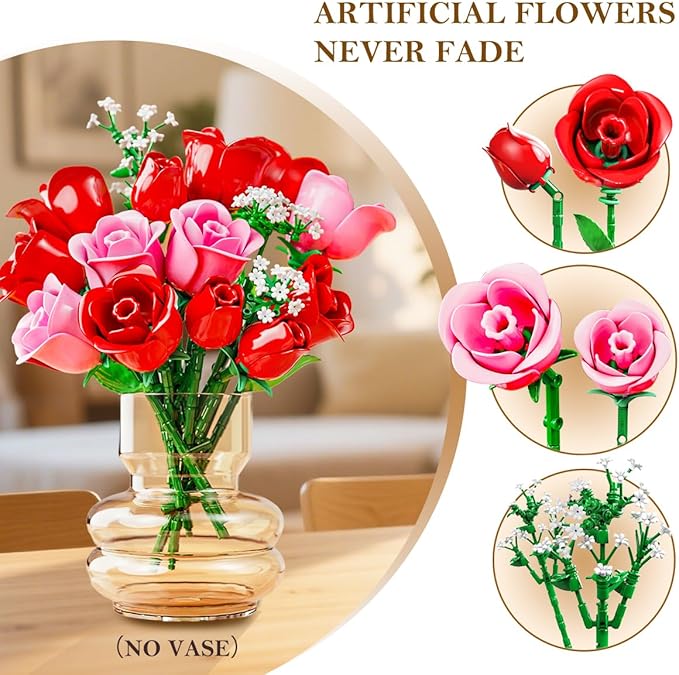 HOGOKIDS Flowers Bouquet Building Set with Lights - 16 Roses Bouquet Botanical Building Blocks Artificial Red Roses Flower for Home Decor Birthday Valentines Gifts for Adults Girl - 387PCS (Pink)