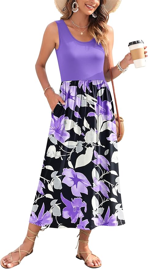 WNEEDU Women's Summer Maxi Dress 2026 Casual Sleeveless Hawaiian Sundress Tropical Long Dress Beach Vacation Outfit