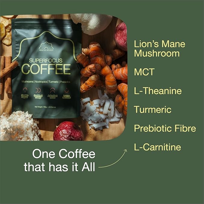 Healthy Rituals Mushroom Coffee SuperBlend Powder with Lion’s Mane, MCT Oil, L-Theanine, Turmeric, Prebiotic Fiber & L-Carnitine, Naturally Sweet, Rich & Smooth Premium Arabica Instant Coffee - 150 g