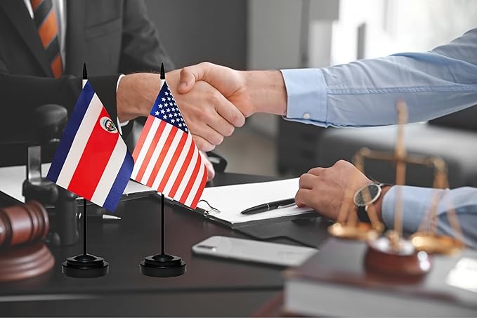 USA American & Costa Rica Costa Rican Desk Flags, US Costa Rica Table Flag, Small Mini American & Costa Rican Twin Table Office Flag, Miniature Costa Rican and US Desktop Flag With 13" Solid Black Pole, Black Base