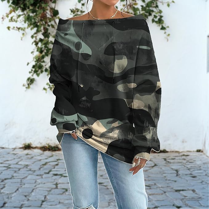 Womens Sweatshirts Floral Print Sexy Off The Shoulder T Shirts Oversized Long Sleeve Pullover Fall Tops