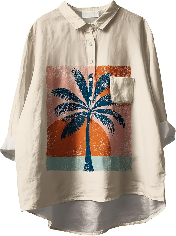 Womens Boho Tops 3/4 Long Sleeve Floral Blouses Hawaii Beach Button Down Shirts V Neck Pullover Casual Tunics