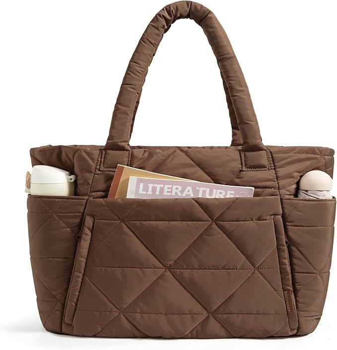 BAGSMART Tote Bag for Women, Puffy Tote Bag with Zipper, Large Quilted Shoulder Bag with Compartments for Travel, Work, Gym
