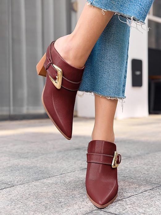 Coutgo Womens Mules Boots Chunky Stacked Heel Pointed Toe Booties Slip On Dress Boot Shoes with Buckle Decoration