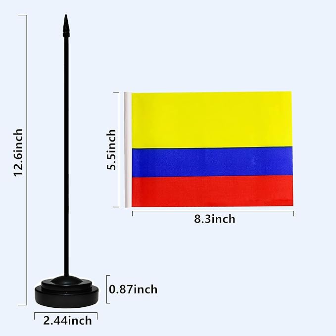 Colombia Colombian Deluxe Desk Flag Set Small Mini Miniature Colombia Colombian Table Desktop Flags With Solid Pole, Black Base and Spear Top(2 Pack)