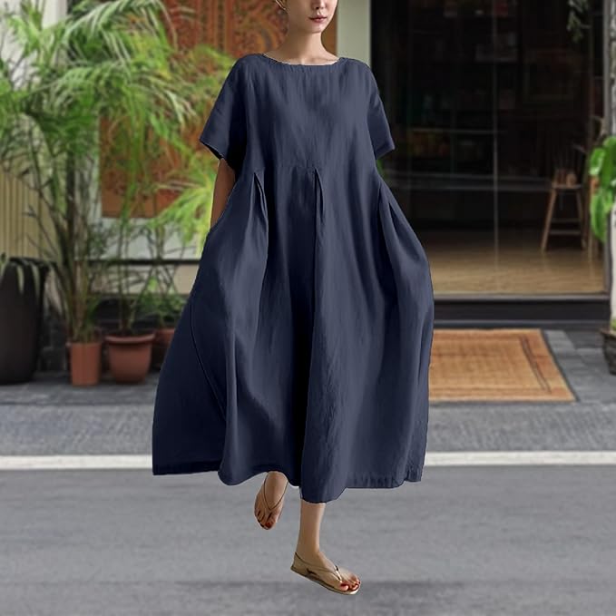 MARSVOVO Patchwork Flowy Dresses for Women Plus Size Loose Casual Tunic Dress Elegant Crewneck Maxi Dresses with Pockets
