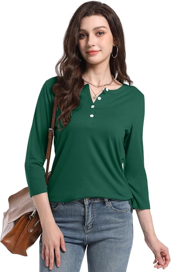 PGANDS Women's 3/4 Length Sleeve T Shirts Button Down Scoop Neck Casual Tops