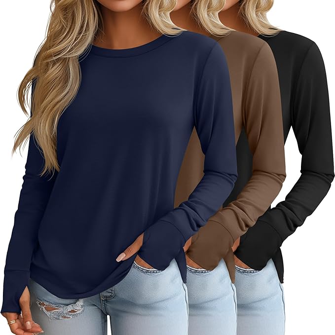 Huukeay 3 Pack Women's Long Sleeve Shirts with Thumb Holes, Cotton Casual Crew Neck Tunic Tops Fall Loose Y2k Trendy Outfits