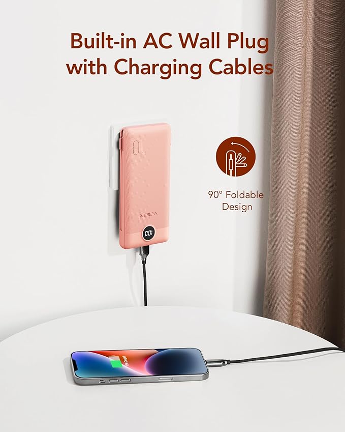 VEGER Portable Charger for iPhone Built in Cables and Wall Plug, 10000mah Slim Fast Charging USB C Power Bank, Travel Essential Battery Pack Compatible with iPhones, iPad, Samsung(Dark Pink)