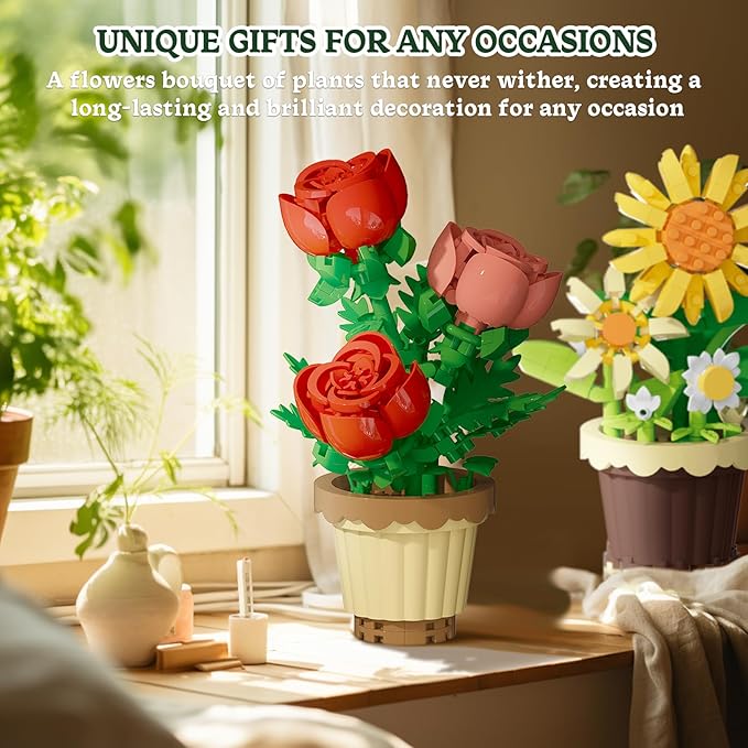 PQKIE 12 Pcs Flowers Bouquet Building Set,2531 Pcs Flower Botanical Collection Building Block Toy,Micro Plant for Home or Office Decor, Mother's Day Valentine Christmas Birthday Gifts for Adults,Girls