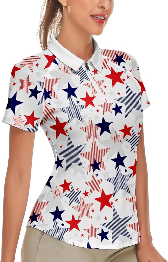 Women's Golf Shirt Short Sleeve Tennis Shirt Quarter Zip Golf Pullover Golf Polo Shirts Argyle Tops