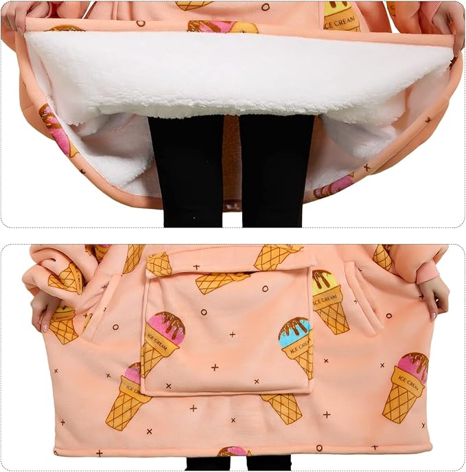 KFUBUO Wearable Blanket Hoodie for Adults Sherpa All Patterns Ice Cream Oversized Sweatshirt Blanket with Pockets Cute Birthday Gifts for Women