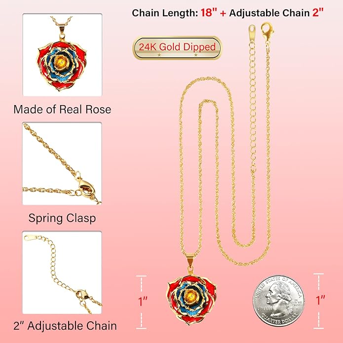 AliveRose Real Rose Gold Dipped Necklace Gifts for Women, 24K Gold Dipped Rose Pendant Necklace Jewelry Mothers Day Anniversaries Birthday Christmas Special Occasions Gifts for Her Mom Wife