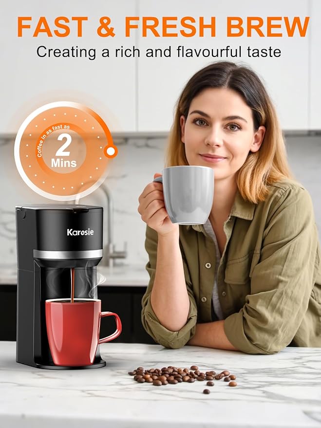 Karosie Single Serve Coffee Maker for K-Cup and Ground Coffee, Fast Brew, 6-12 oz Brew Sizes One Cup Coffee Machine Fits 5.5" Mugs, One-Button Small Coffee Maker with Descaling Reminder,Black