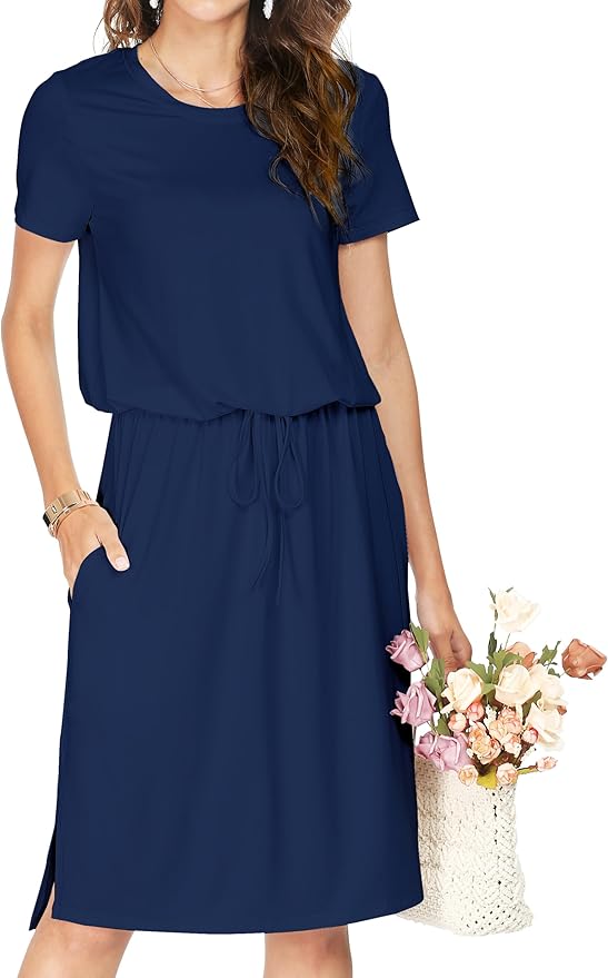 Simier Fariry Womens Spring Hide Belly Knee Length Travel Dress Pocket Summer Short Sleeve Midi Work Casual Outfits