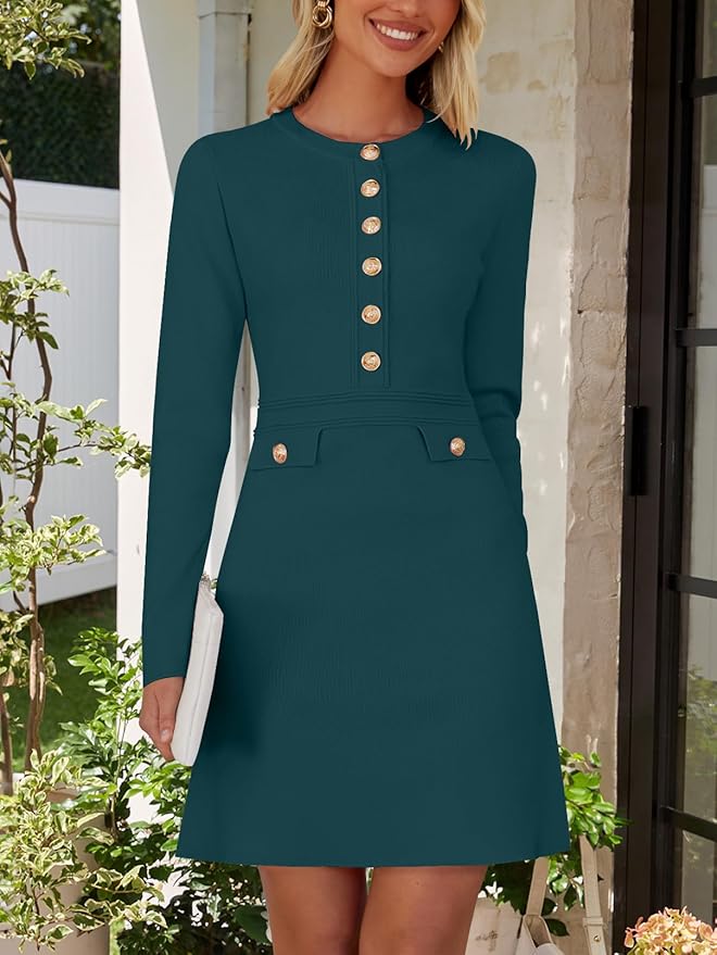 NENONA Women's 2026 Long Sleeve Fall Winter Sweater Dress Spring Fashion Button Elegant Business Casual Work Mini Dresses