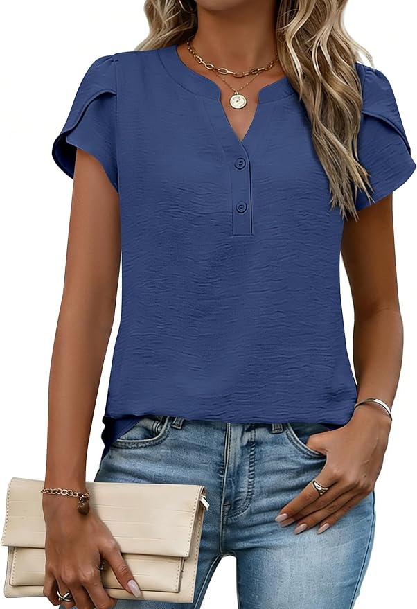 Zeagoo Womens Tops Dressy Casual Textured Blouses Cap Short Sleeve Shirts V Neck Button Up Summer Spring Work Tshirt Clothes