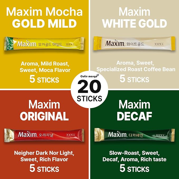 Korean Instant Coffee Mix Variety 20 Sticks (4 Types) Maxim Instant Single Serve Mocha White Decaf Original Flavors (5 Sticks Each)