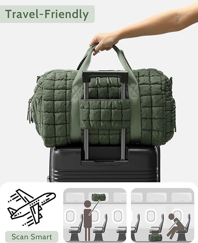 Quilted Duffel Bag for Women, Puffer Gym Duffle Bag with Shoe Compartment Lightweight Large Crossbody Sport Bag Travel Tote JasperGreen