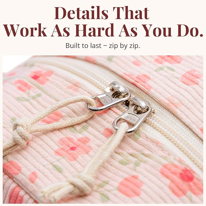 Insulated Pink Lunch Bag for Women, Stylish Corduroy Tote with Aluminum Lining, Large Capacity Reusable Cooler for Work, Travel, Beach or Picnic, Pink Floral Water-Resistant Lunch Box