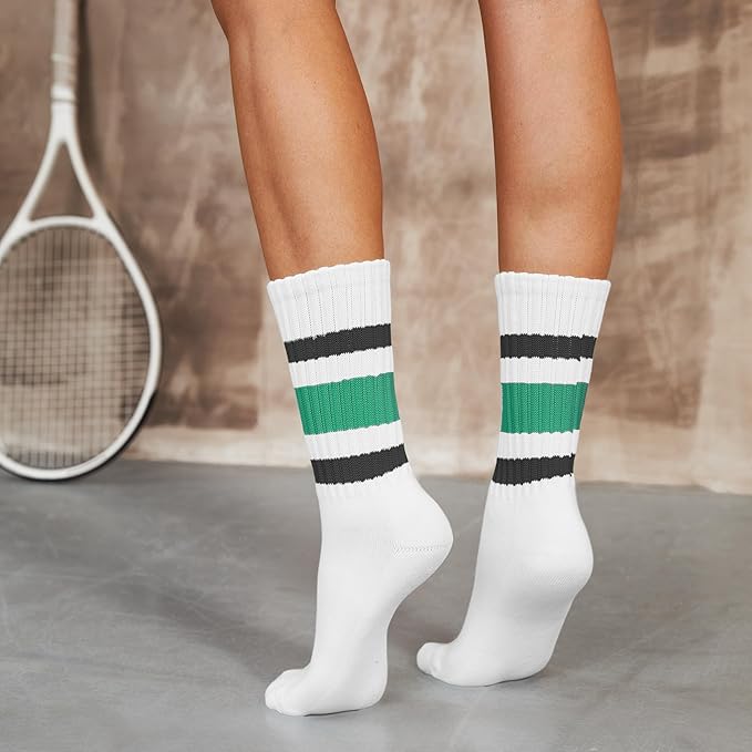 Acomono Retro Striped Slouchy Crew Socks for Men & Women 3 Pairs Cotton Athletic Tube Cushioned Calf Tennis Socks Size 5–11