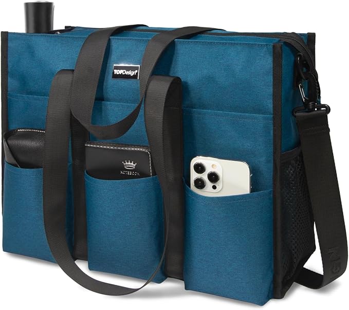 TOPDesign Utility Water Resistant Tote Bag with 22 Pockets, Top Zipper Closure & Thick Bottom Support, for Working Women
