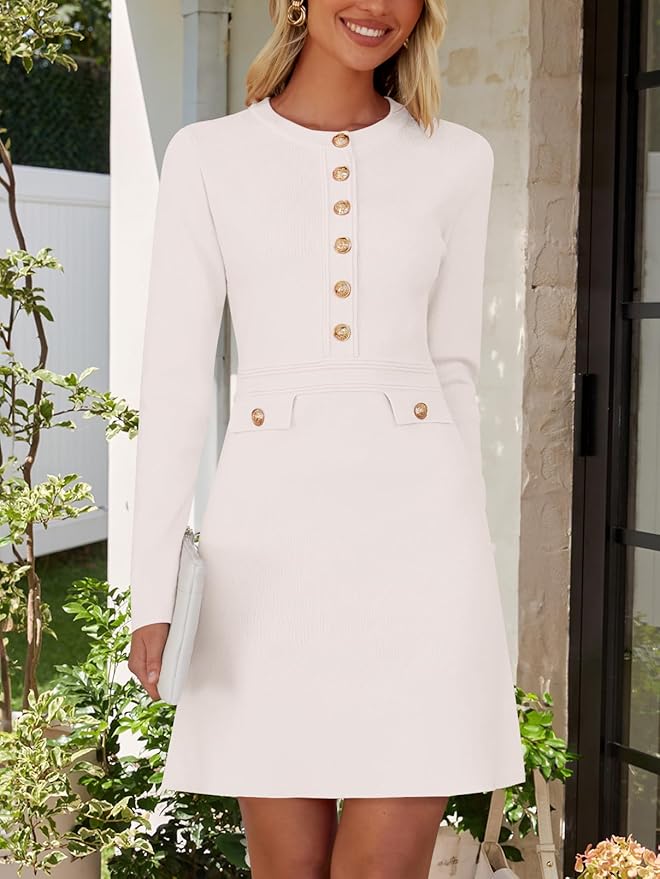 NENONA Women's 2026 Long Sleeve Fall Winter Sweater Dress Spring Fashion Button Elegant Business Casual Work Mini Dresses