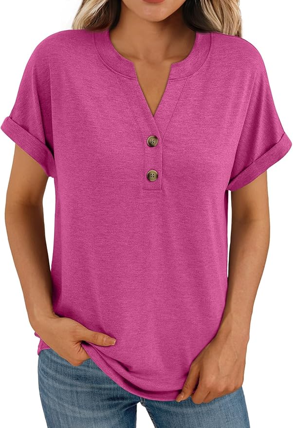 AUTOMET Women's Short Sleeve Shirts Henley Dressy Casual Summer Tops 2026 Spring Fashion Trendy Cute T-Shirts