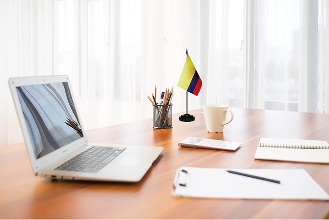 Colombia Colombian Deluxe Desk Flag Set Small Mini Miniature Colombia Colombian Table Desktop Flags With Solid Pole, Black Base and Spear Top(2 Pack)
