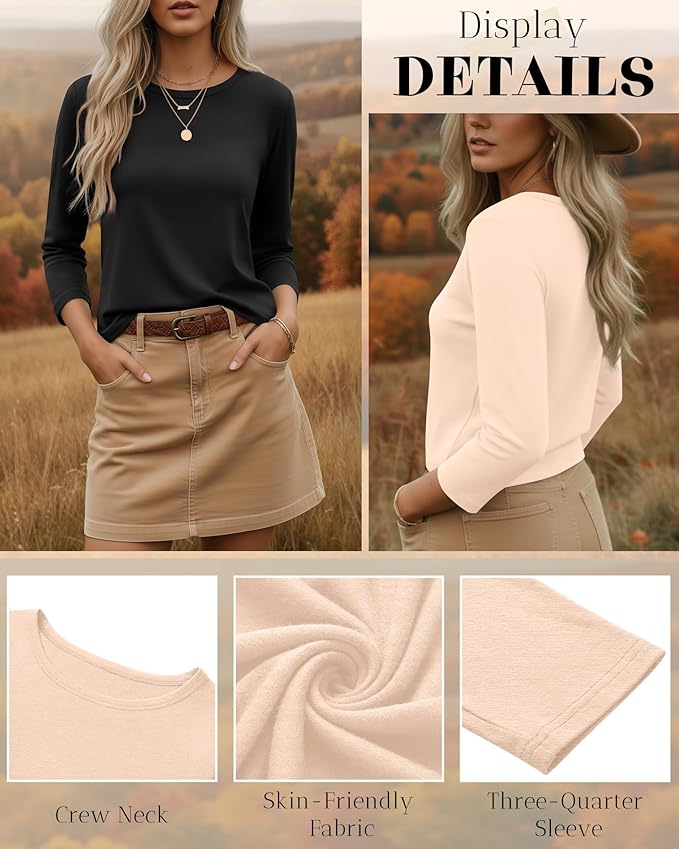 Ficerd 3 Pack 3/4 Sleeve Tops for Women Round Neck Dressy Basics Tees Casual Trendy Loose Fit T Shirts