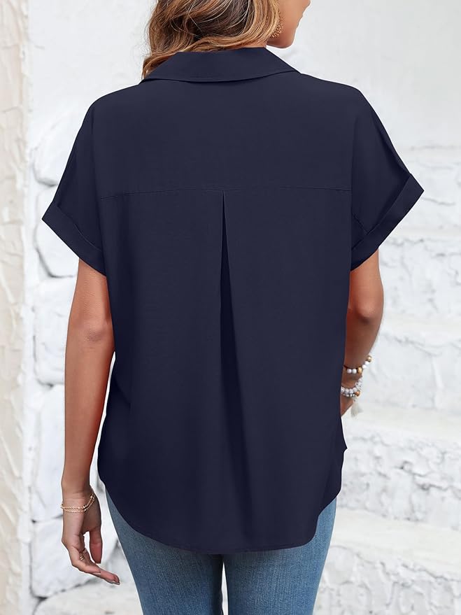 Womens Button Down Shirt Casual Short Sleeve Collared Work Blouse with Pocket